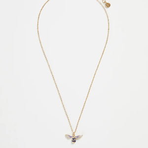 Full-length image of the Fable England Enamel Short Bee Necklace – A gold-plated chain with a bee charm, shown with an adjustable extender for layering.