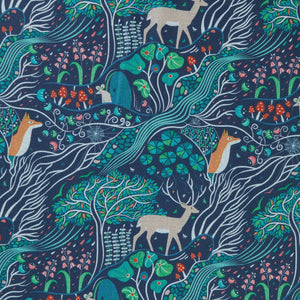 Close-up of The Enchanted Tree Scarf fabric, highlighting intricate illustrations of deer, foxes, trees, mushrooms, and hidden forest details.