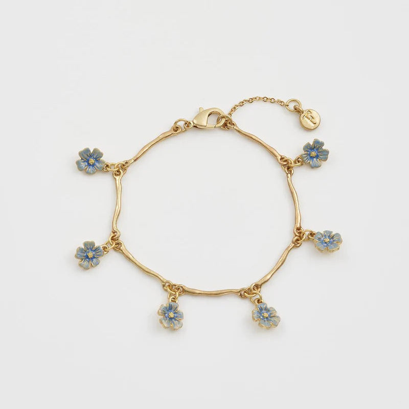Front view of the Fable England Forget Me Not Bracelet featuring gold-plated chain and floral charms.