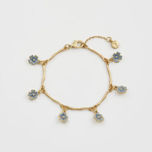 Front view of the Fable England Forget Me Not Bracelet featuring gold-plated chain and floral charms.