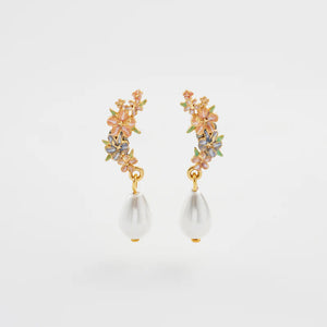 Front view of the Fable England Hibiscus & Pearl Earrings, showcasing delicate hand-painted floral details and a faux pearl drop.