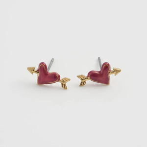 Front View: Fable England Lovestruck Heart Earrings – red enamel heart studs with gold-tone arrow.