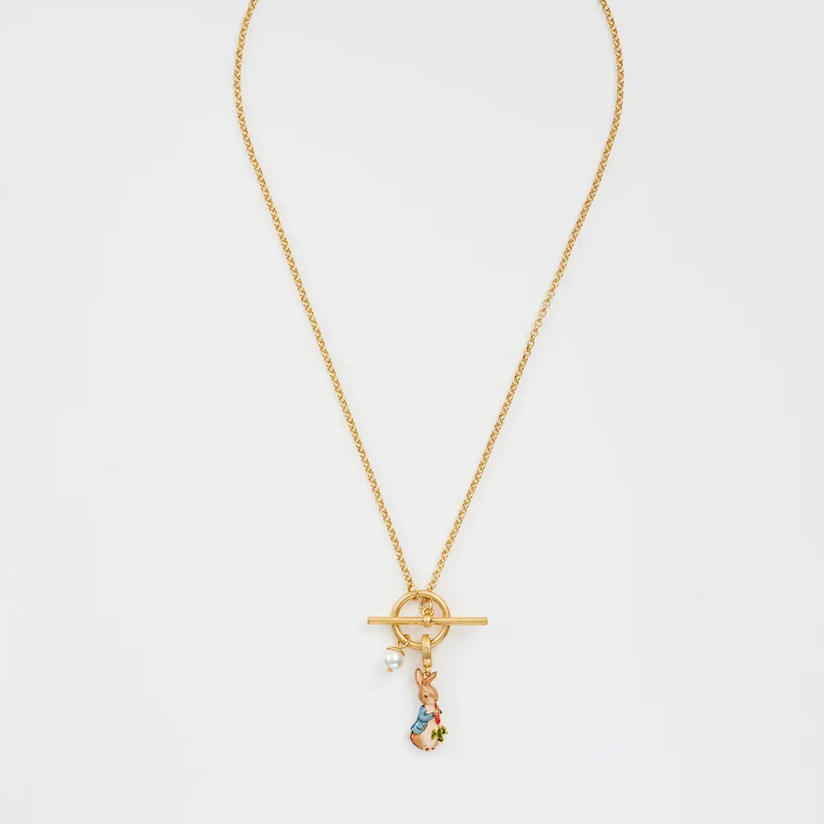Full view of Peter Rabbit necklace with gold chain and toggle clasp.