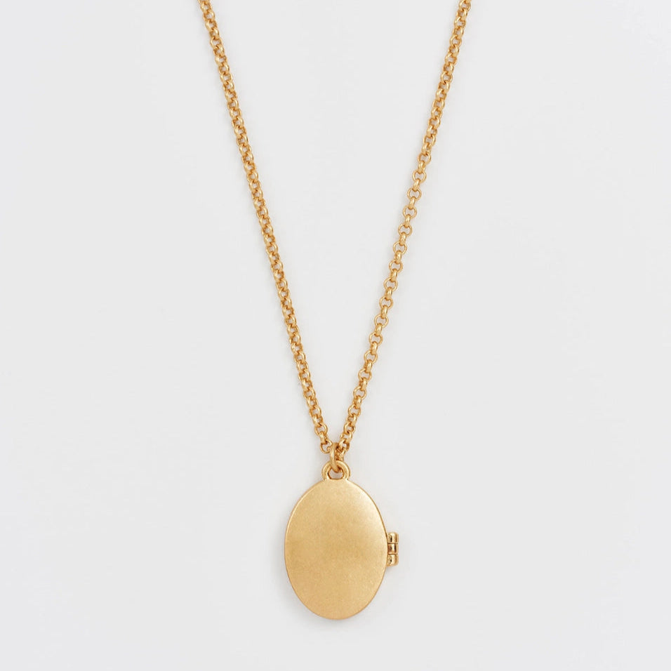 Back view of Robin & Blackberry Gold Oval Locket Necklace in smooth gold finish.