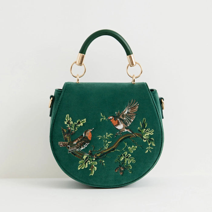 Robin Love Fern Green Velvet Embroidered Saddle Bag