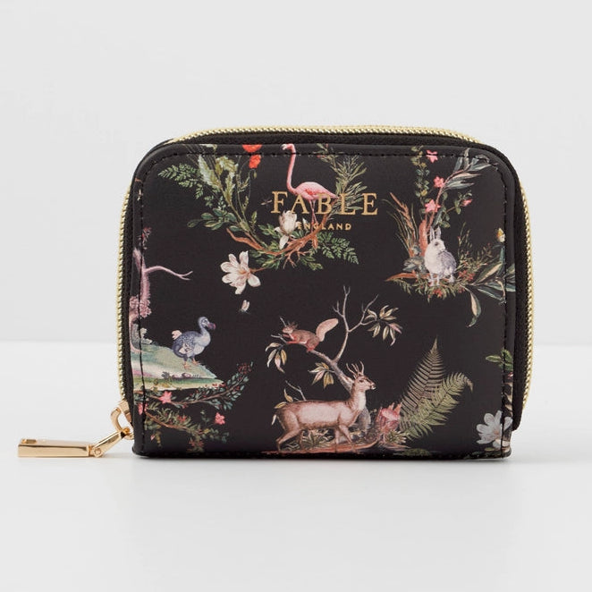 Wonderland Black Small Wallet by Fable England – front view featuring whimsical floral and animal design on black vegan leather.