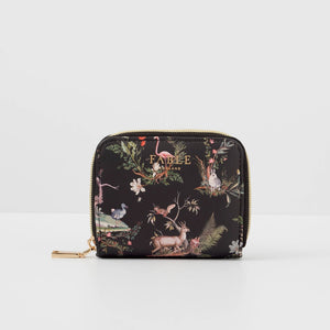 Wonderland Black Small Wallet by Fable England – front view featuring whimsical floral and animal design on black vegan leather.