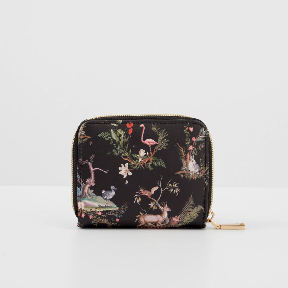 Back view of Fable England Wonderland Black Small Wallet with woodland and animal print details.