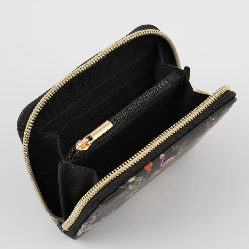 Interior view of Wonderland Black Small Wallet – card slots and zipped coin pocket with gold zip.