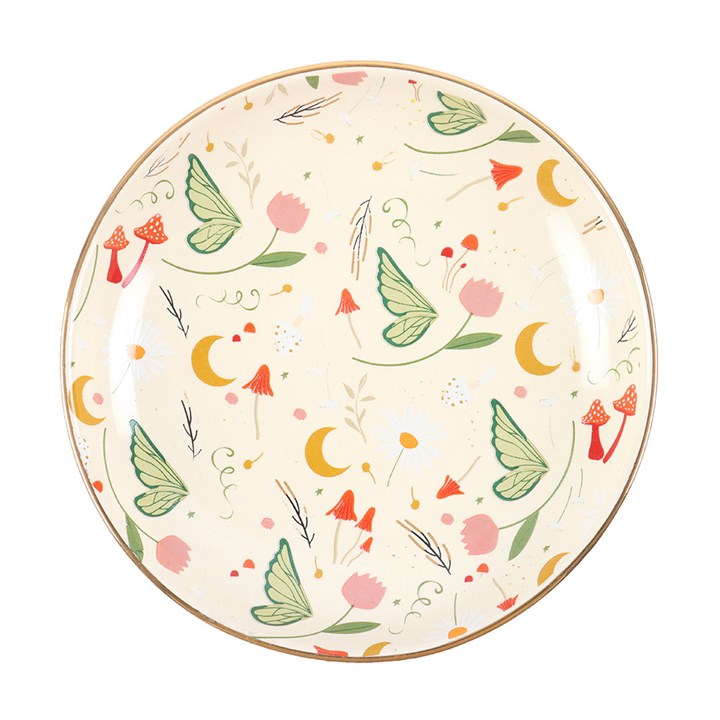 Overhead view of Fairy Folklore Print Trinket Dish showing butterfly and mushroom pattern.