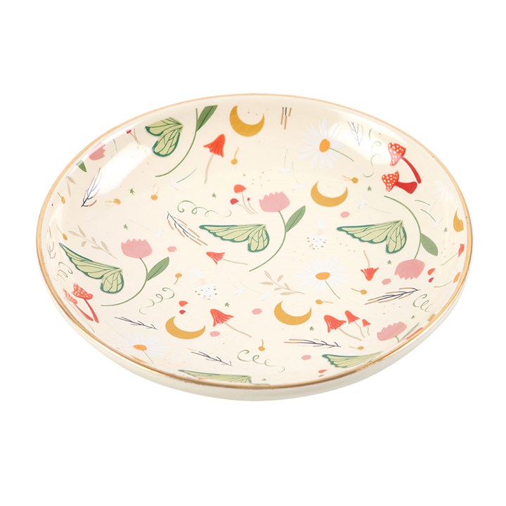 Side view of Fairy Folklore Print Trinket Dish with gold rim.