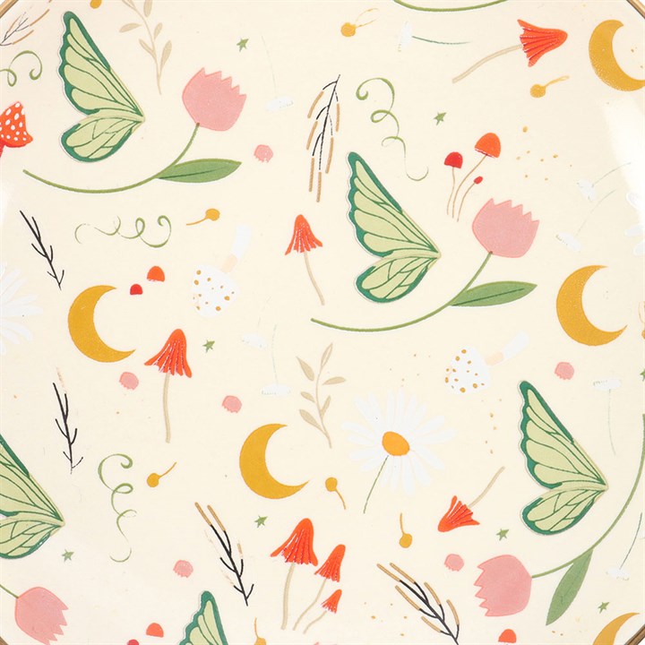 Close-up of Fairy Folklore Print Trinket Dish design featuring moons, butterflies, and toadstools.