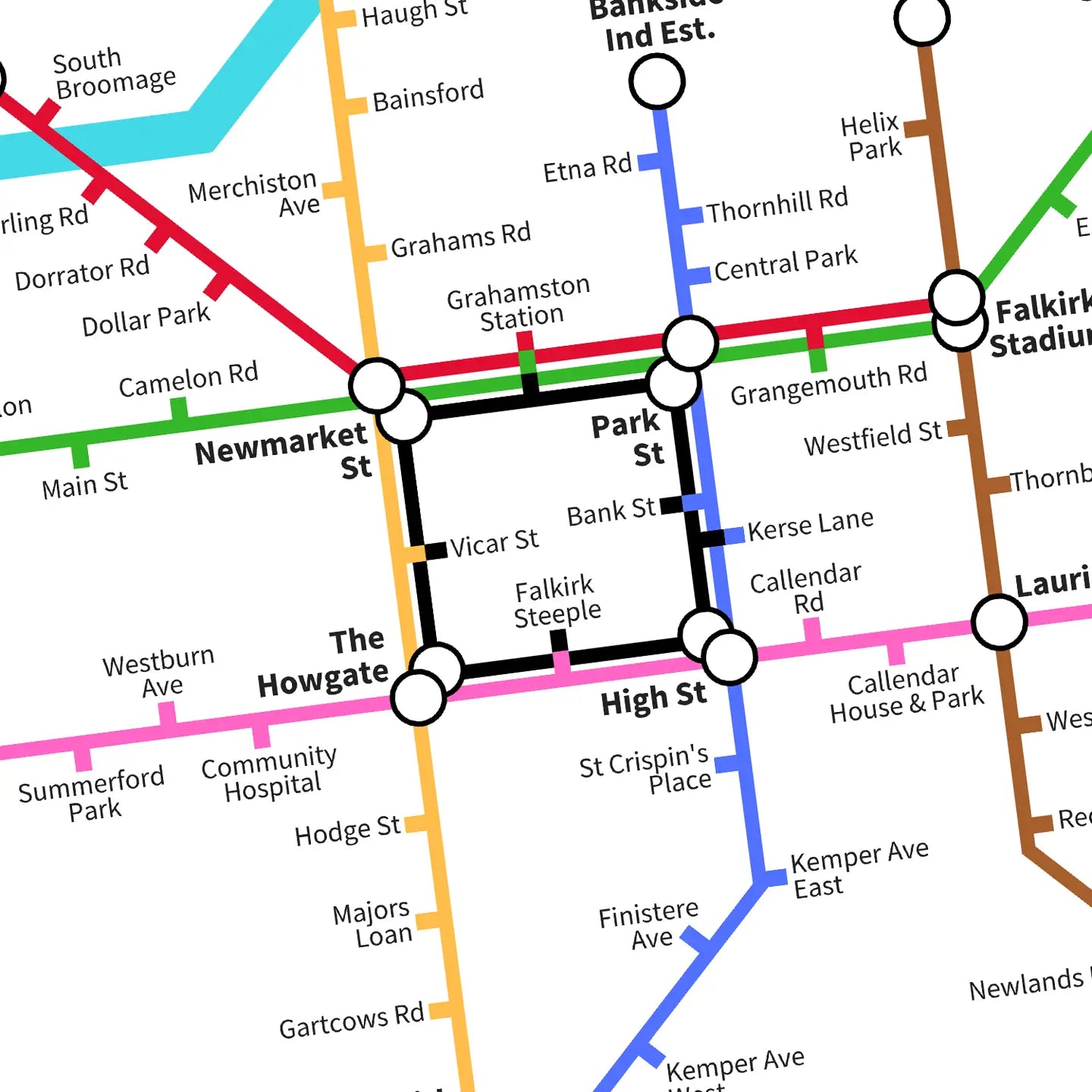 Close-up view of central Falkirk on the colourful underground-style map print.