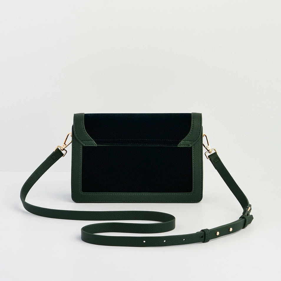Back view of Fawn Embroidered Green Crossbody Bag in deep green with smooth faux-leather finish.