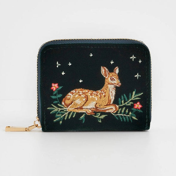 Fawn Embroidered Green Small Purse with woodland deer design on green fabric