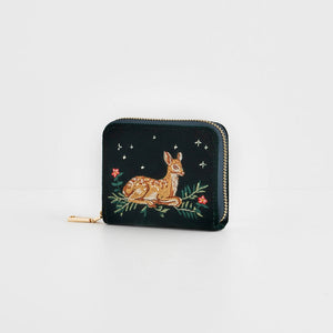 Forest green purse with gold zip and embroidered fawn design.