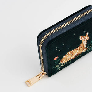 Gold zip close-up on Fawn Embroidered Green Small Purse.