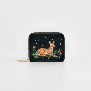 Fawn Embroidered Green Small Purse with woodland deer design on green fabric