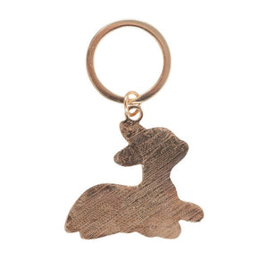 Back view of Felicity Fawn keyring showing textured brushed-metal finish.