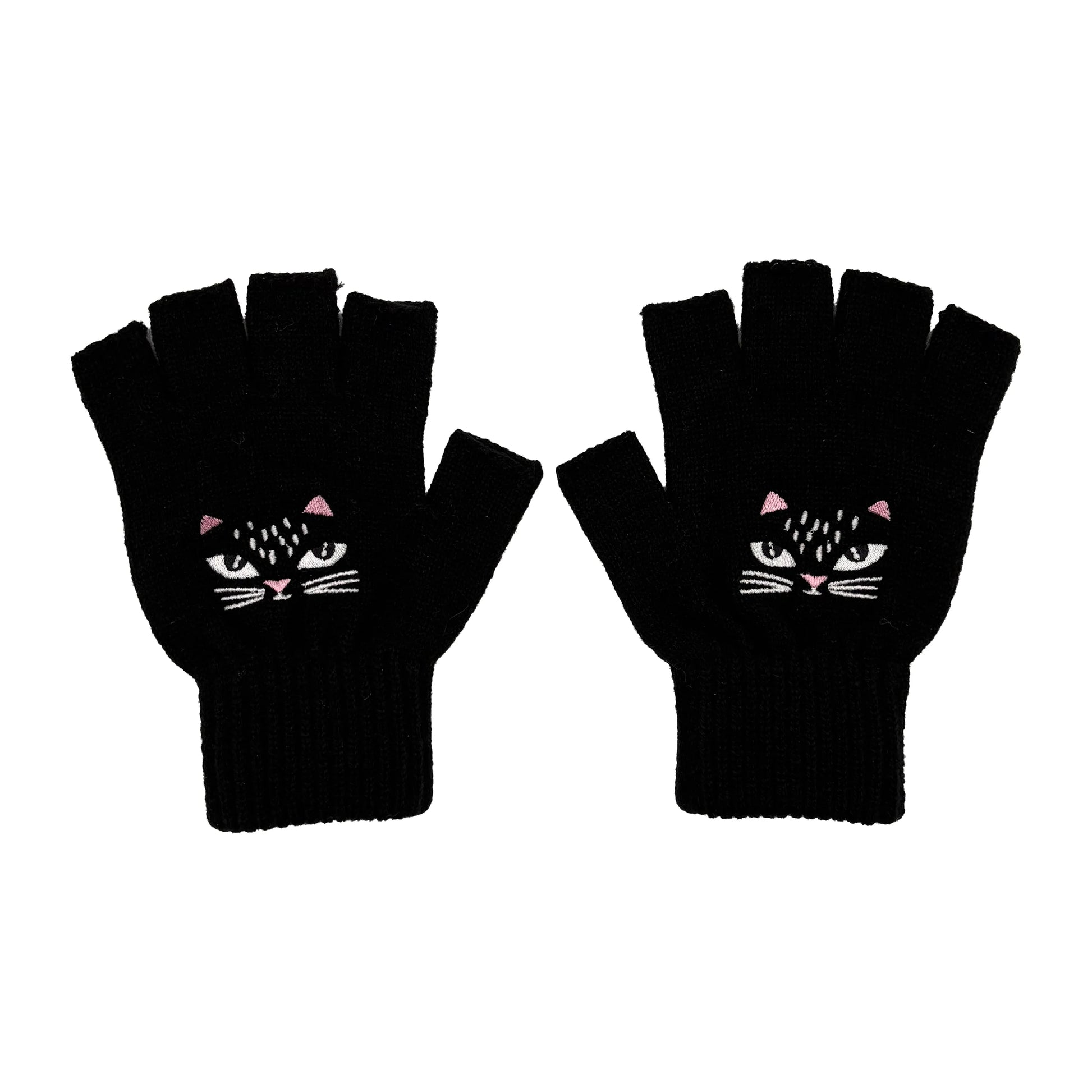 Studio image showing full view of fingerless gloves with ribbed cuffs.