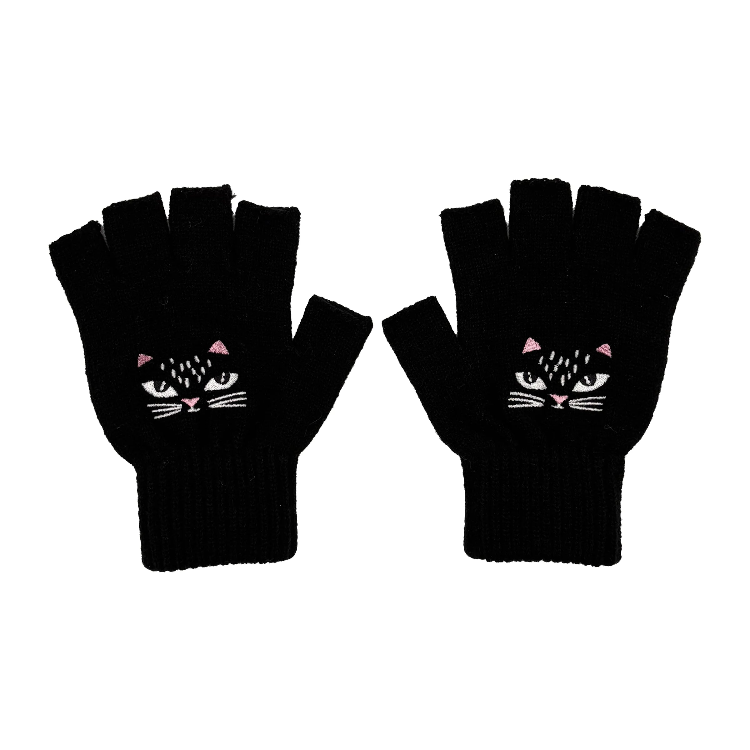 Studio image showing full view of fingerless gloves with ribbed cuffs.