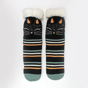 Flat lay of striped Feline Slipper Socks with cat face and fluffy cuffs.