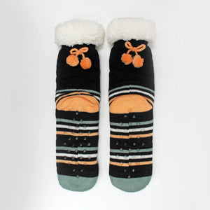 Bottom view of Feline Slipper Socks showing anti-slip dots and orange pom poms.
