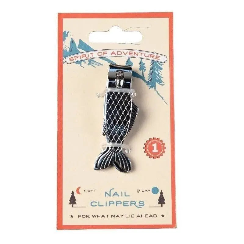 Black and silver fish shaped nail clippers close-up.