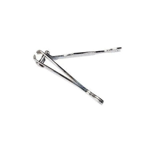 Silver nail clippers open on white background.