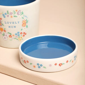 Close-up of the ceramic plant tray with a blue interior and floral decorations.