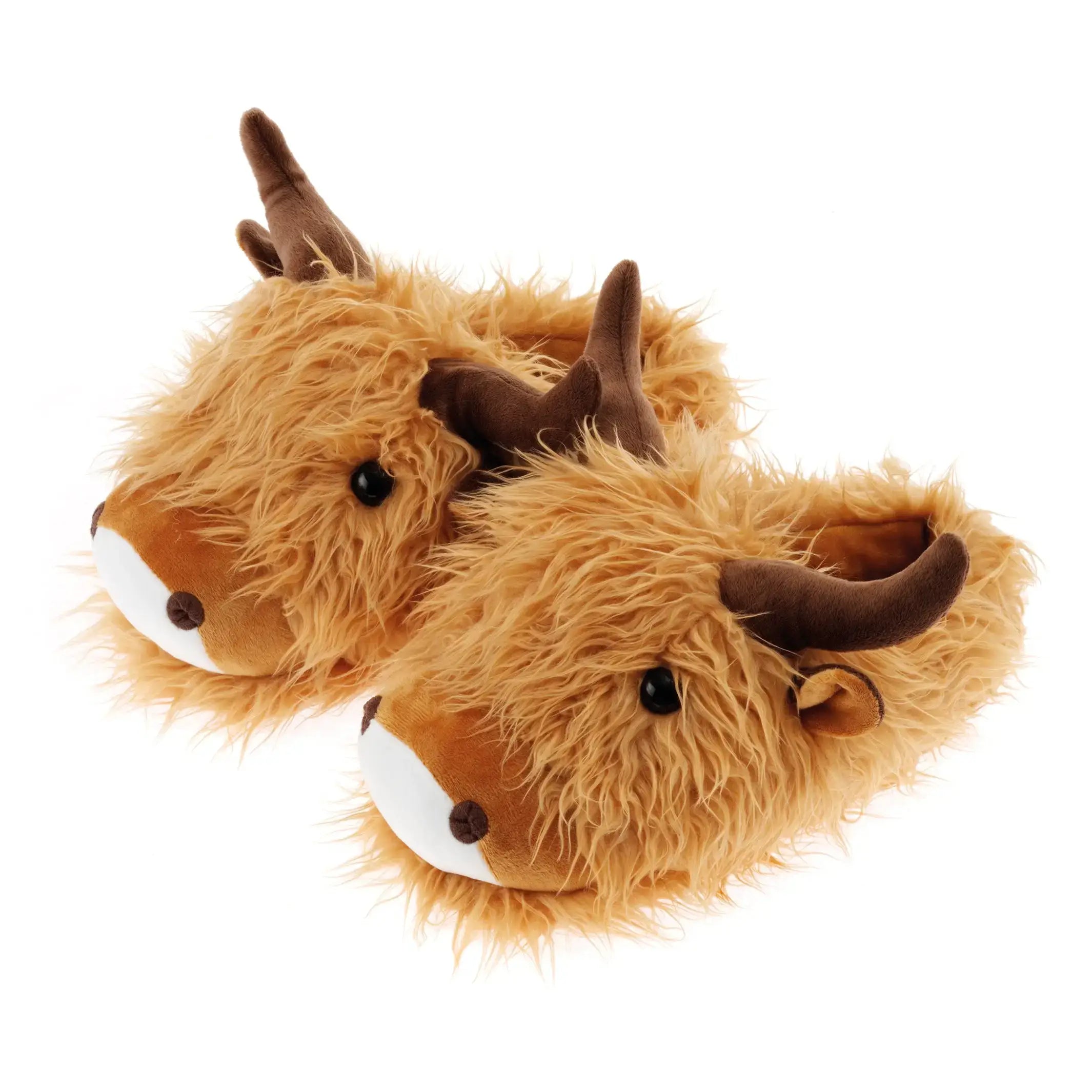 Adult slippers in the shape of a pair of fluffy highland cows against a white background.