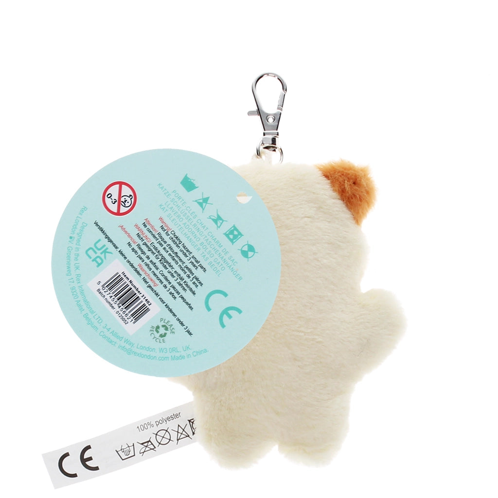 Back view of fluffy cat keyring charm with product tag and clasp.