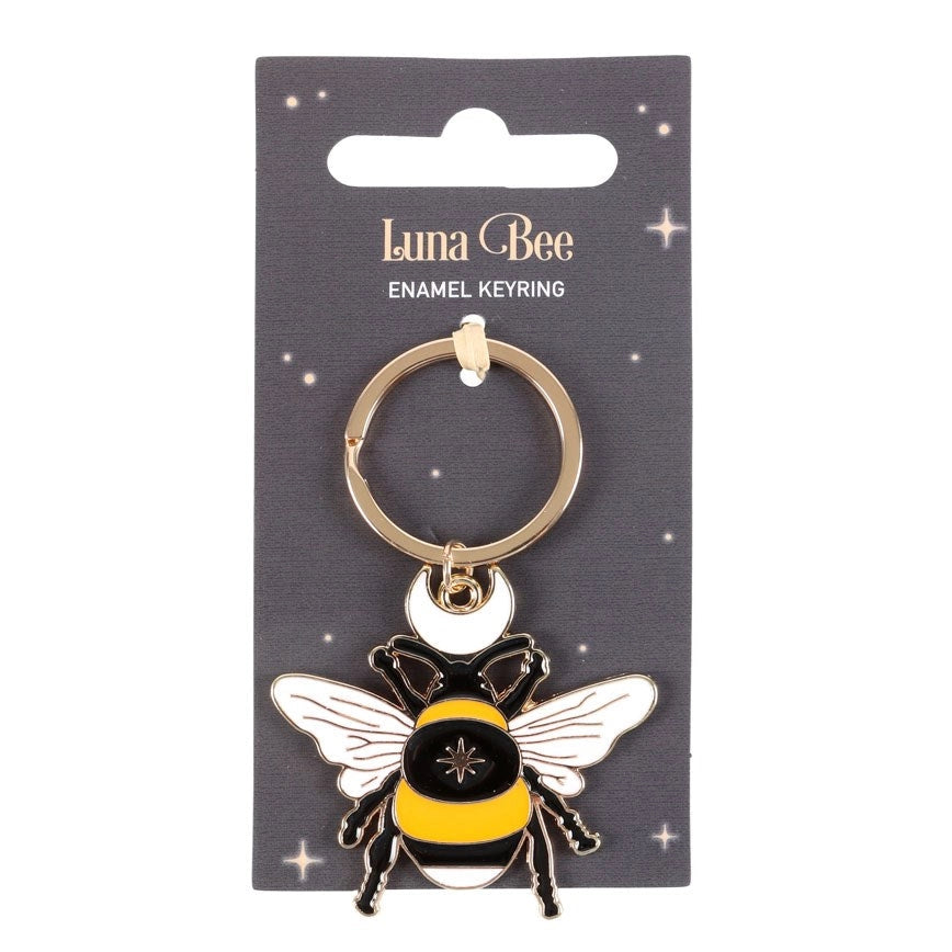 Forest Bee Enamel Keyring on backing card with gold ring.