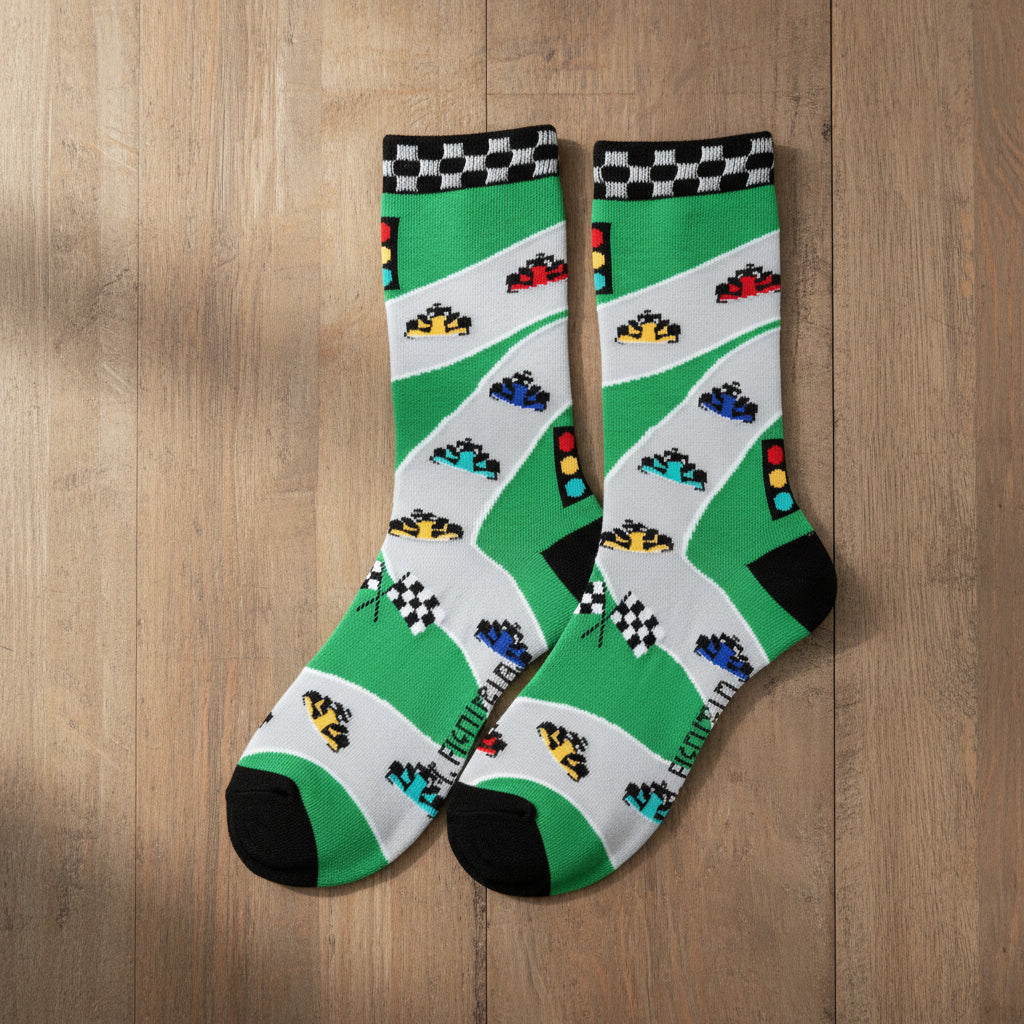 Formula One racing bamboo socks with cars and flags on wooden surface