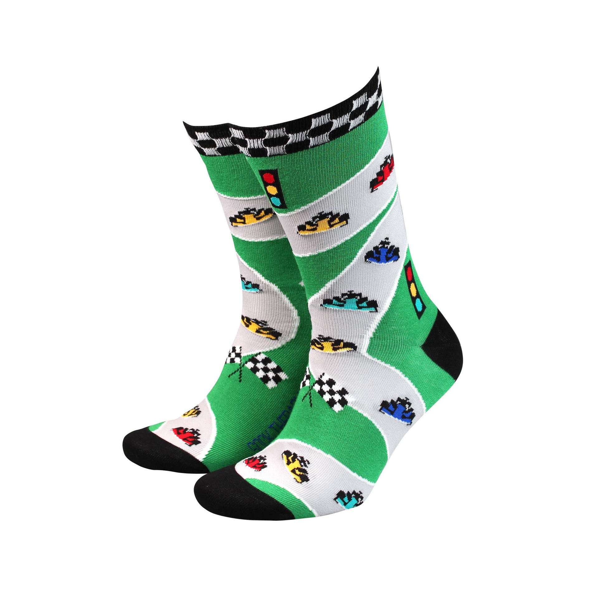 Formula One bamboo socks with racing car pattern on white background