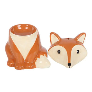 Fox oil burner with removable lid shown separately – Ceramic fox burner with its head-shaped lid removed, revealing the bowl inside for wax or oil use.
