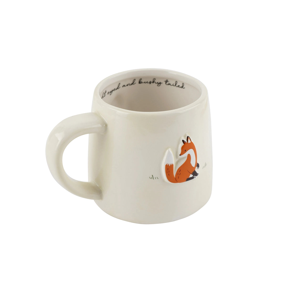 Side view of ceramic fox mug with embossed woodland fox.
