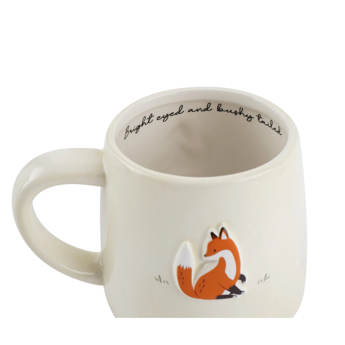 Interior of fox mug showing printed slogan ‘Bright Eyed and Bushy Tailed’.