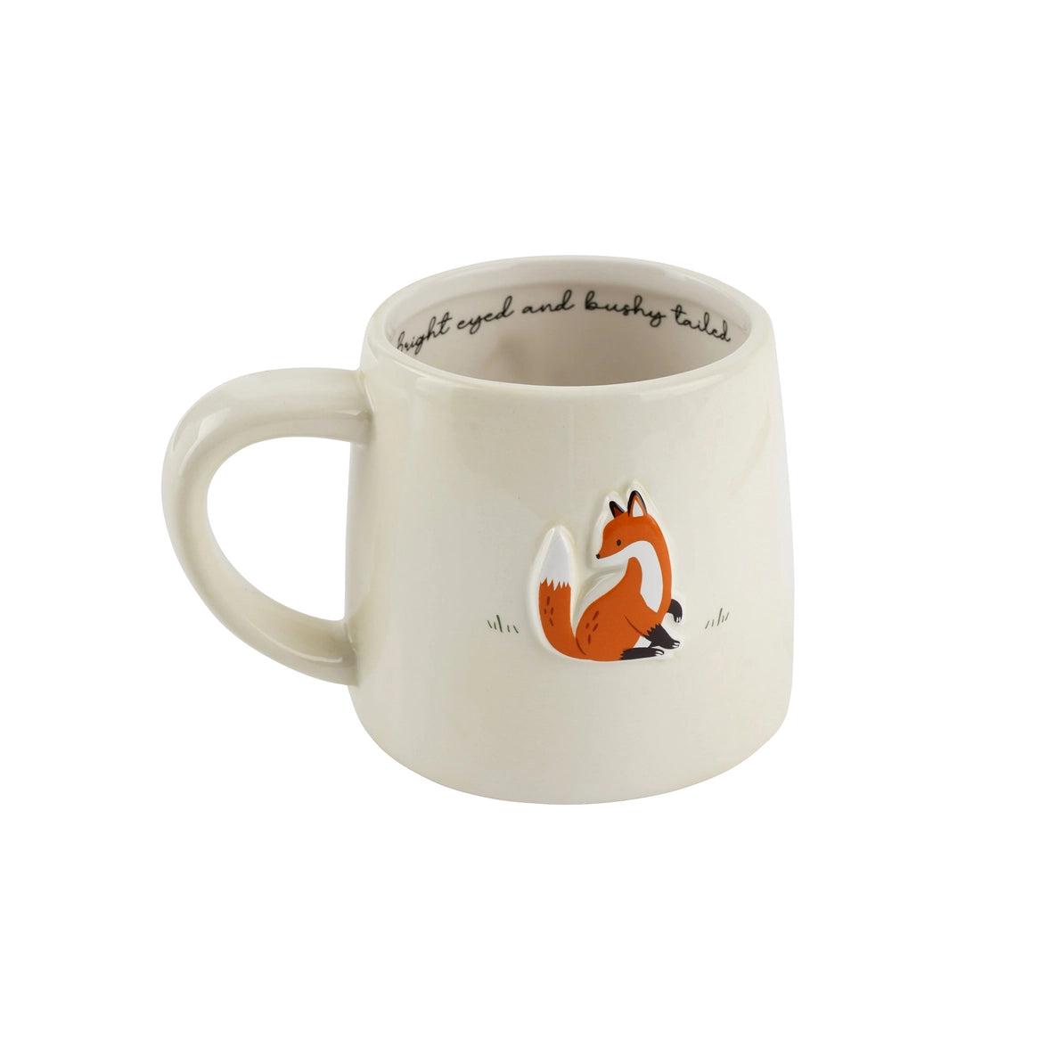 Fox stoneware mug with embossed design and curved handle.