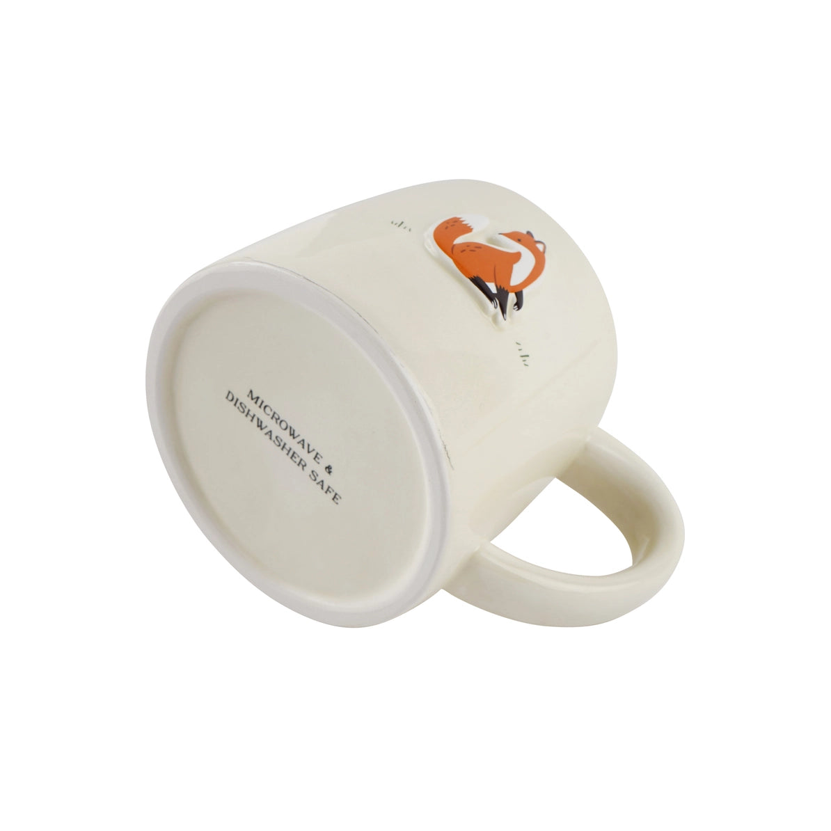Base of fox stoneware mug showing dishwasher and microwave safe marking.