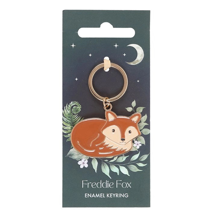 Front view of Freddie Fox keyring with curled fox design and gold keyring attachment.