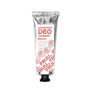 FRUU Grapefruit & Juniper Deodorant Balm aluminium tube on white background – bicarb-free vegan deodorant with upcycled fruit ingredients.