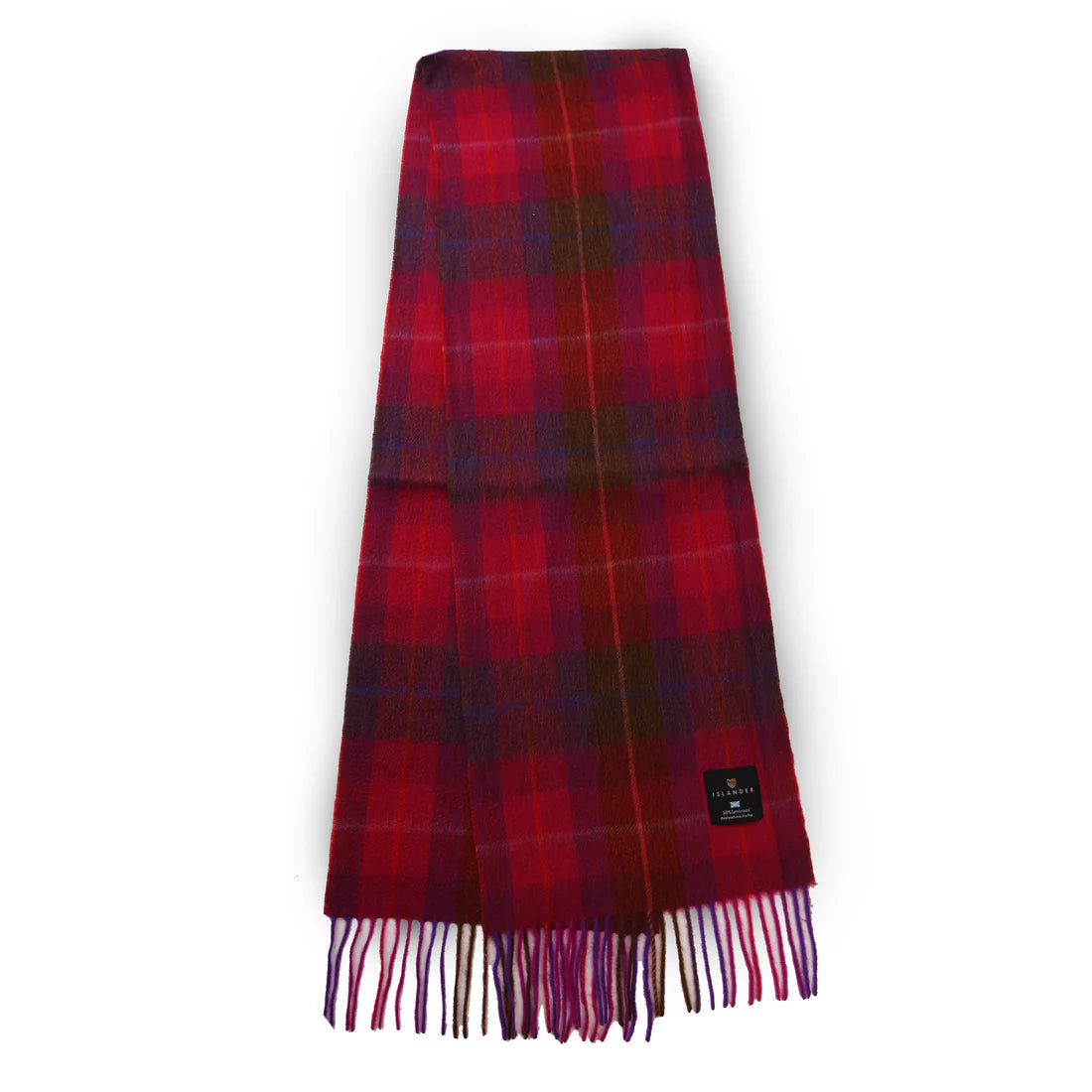 Fuchsia red tartan lambswool scarf with fringed edges laid flat.