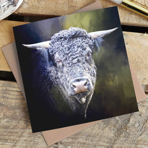 Fuzzy Blue Highland Cow Blank Greetings Card featuring a digitally illustrated Highland cow in deep blue hues, printed on premium textured board with a kraft envelope.