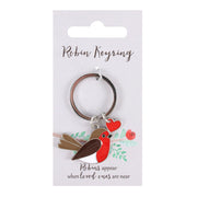 Enamel Garden Robin Keyring with red heart charm on backing card – symbolic gift of love and remembrance.