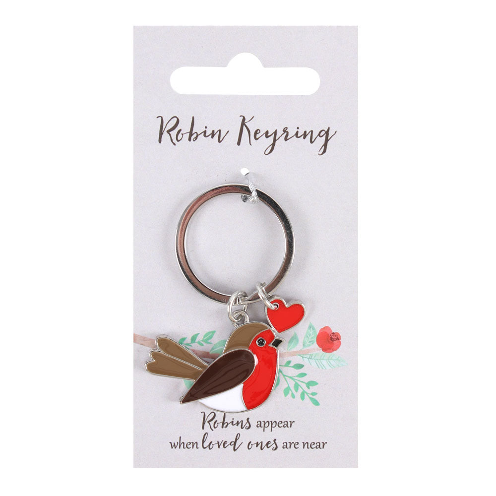 Enamel Garden Robin Keyring with red heart charm on backing card – symbolic gift of love and remembrance.