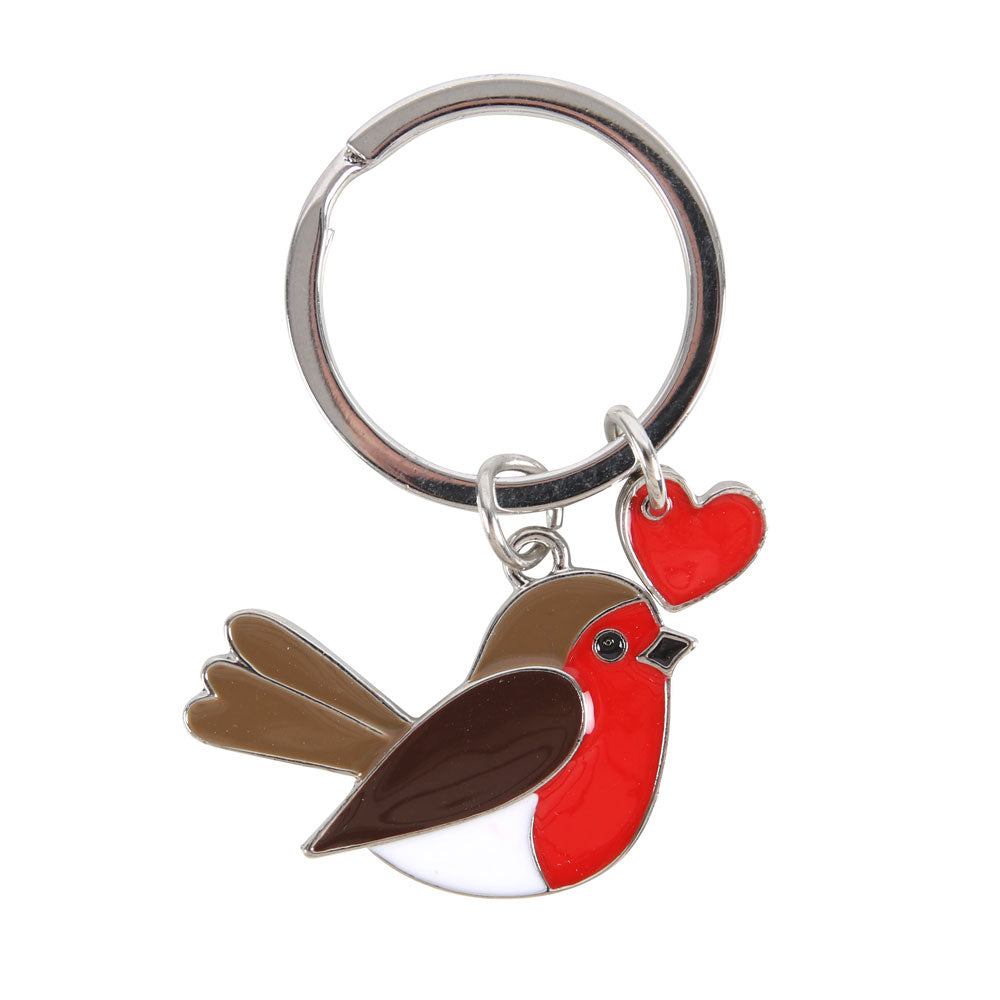 Close-up of Garden Robin Keyring featuring enamel robin and red heart charm – sentimental gift idea.