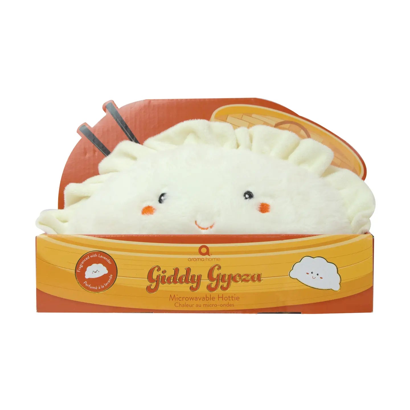 Giddy Gyoza Microwavable Hottie in packaging – cute plush dumpling heat pack with lavender scent.