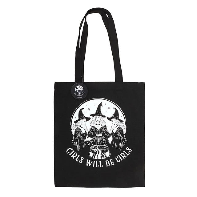 Full view of witchy tote bag featuring three witches and cauldron.