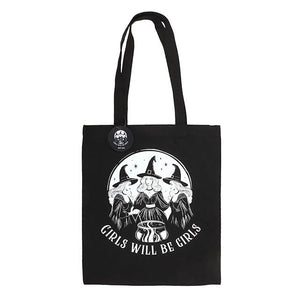 Full view of witchy tote bag featuring three witches and cauldron.